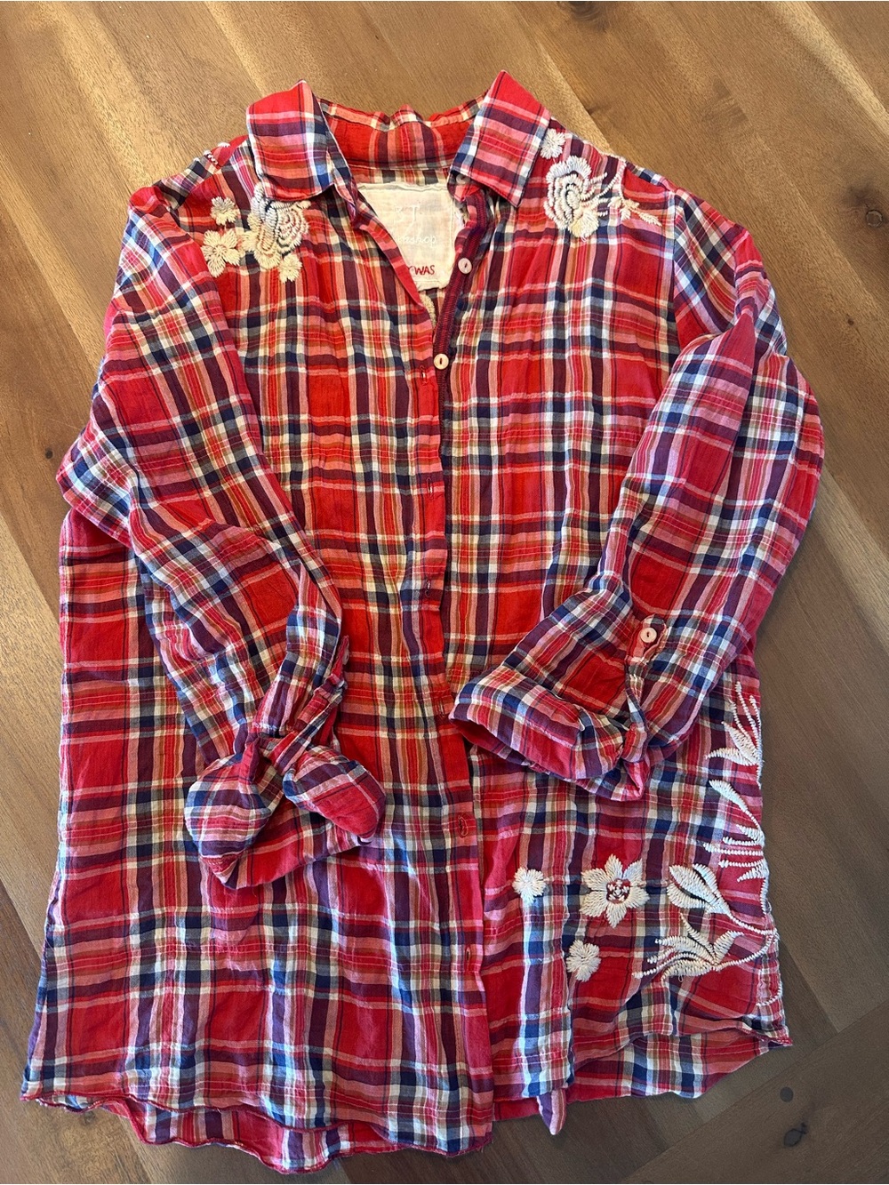 Johnny Was Red Plaid Button-Down Shirt with White Floral Embroidery